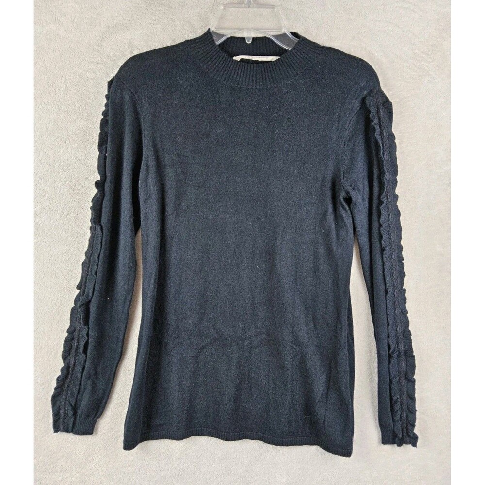 Soft Surroundings Women's Ruffle Sleeve Silk Cashmere Blend Sweater Black Sz XS